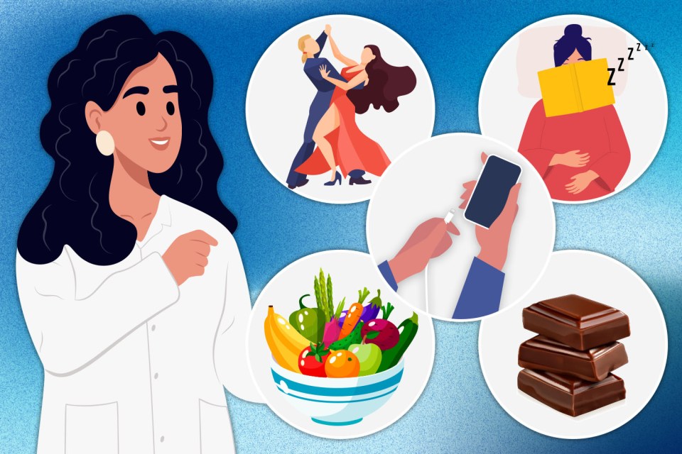 Illustration of healthy lifestyle choices:  dancing, sleeping, healthy food, charging a phone, and dark chocolate.