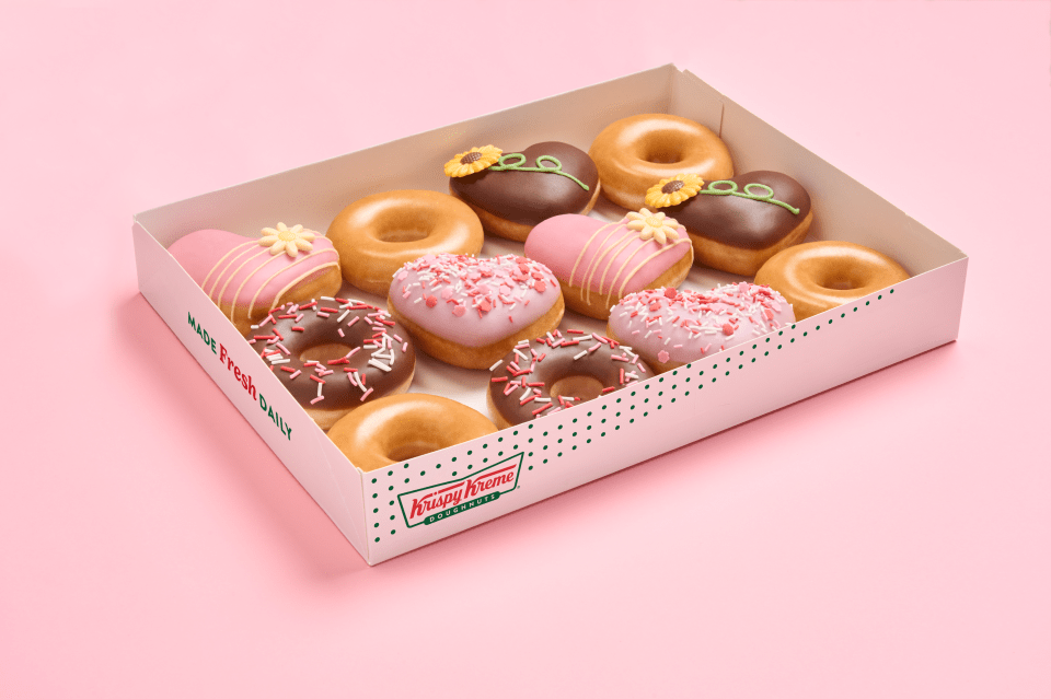 Box of Krispy Kreme Valentine's Day donuts.