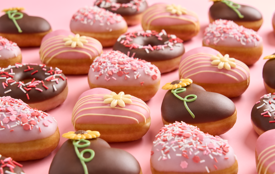 Assortment of heart-shaped Valentine's Day donuts.