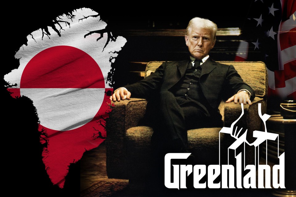 Illustration of Donald Trump sitting in a chair, superimposed on a Greenland map with the title "Greenland".