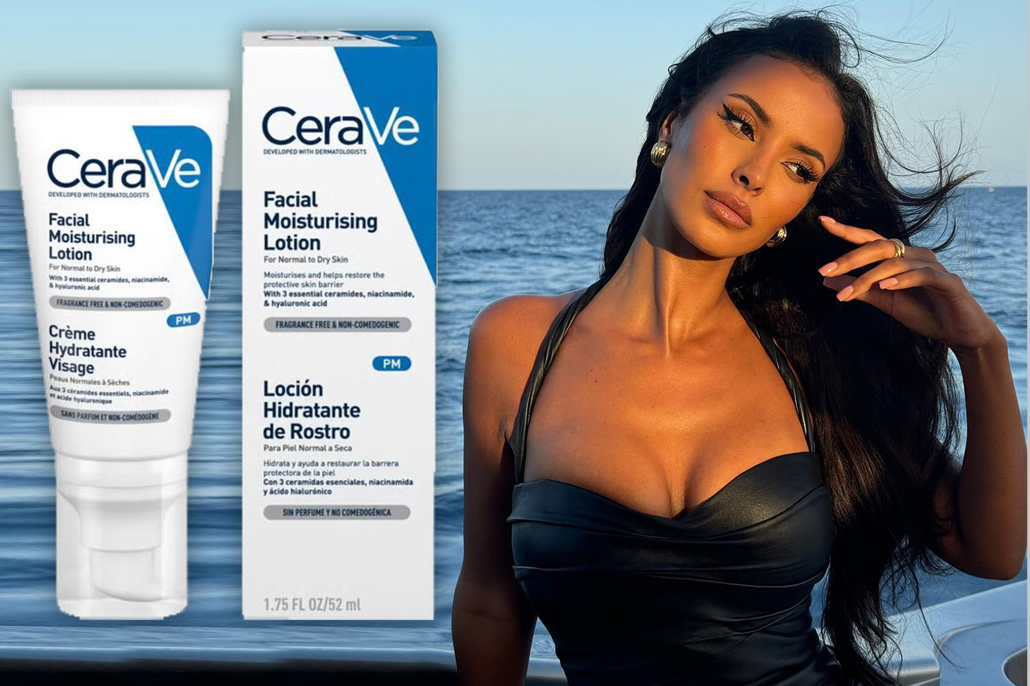 CeraVe Facial Moisturising Lotion and model.