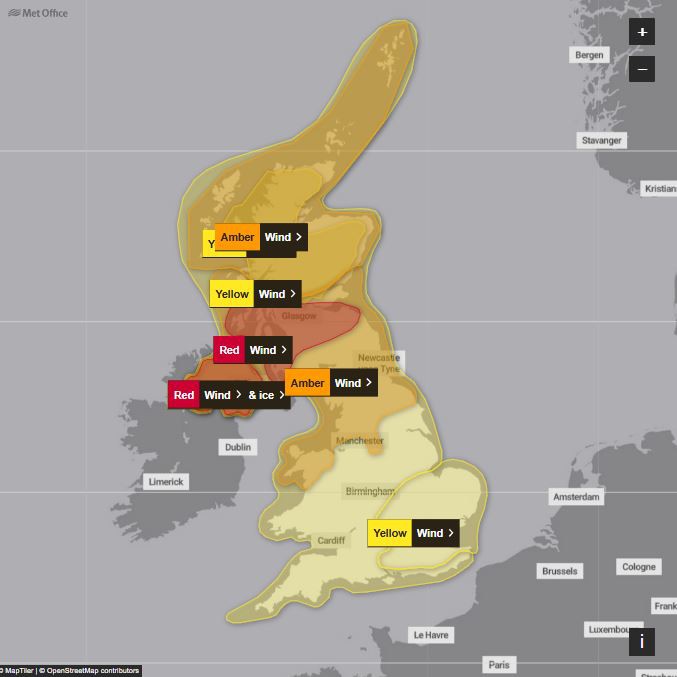 UK weather warning map showing amber and red wind alerts.