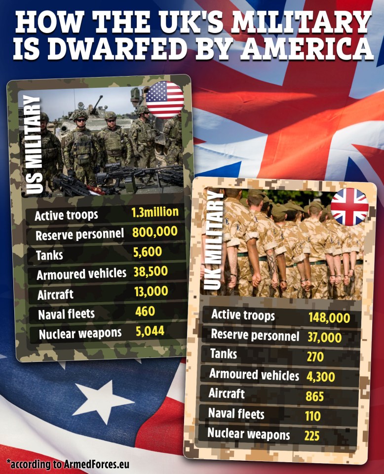 Comparison of US and UK military personnel and equipment.