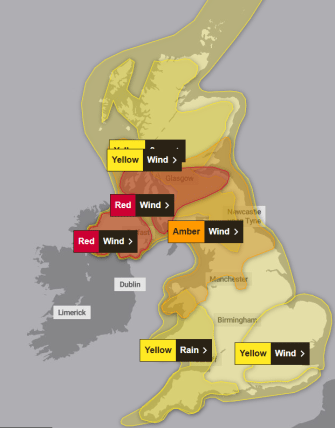 Map of Great Britain and Ireland showing weather warnings for wind and rain.