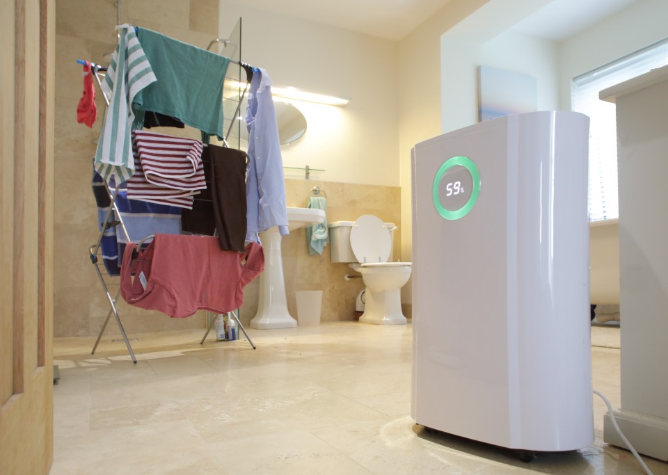 Dehumidifier in a bathroom with wet laundry drying.