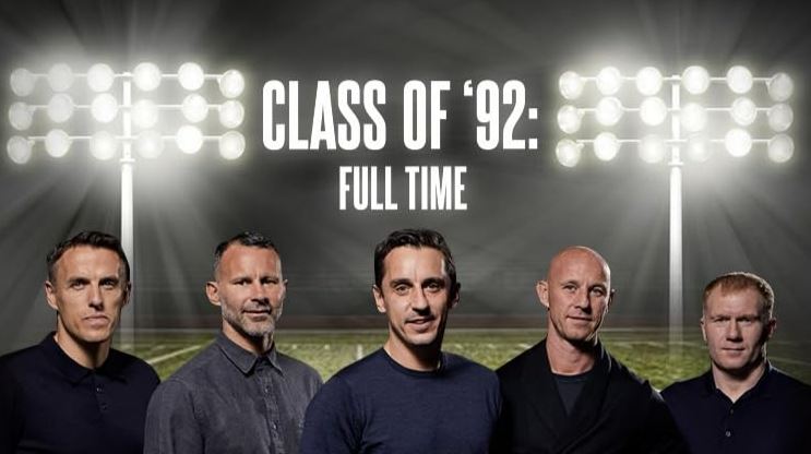 Promotional image for the documentary "Class of '92: Full Time," featuring five men.