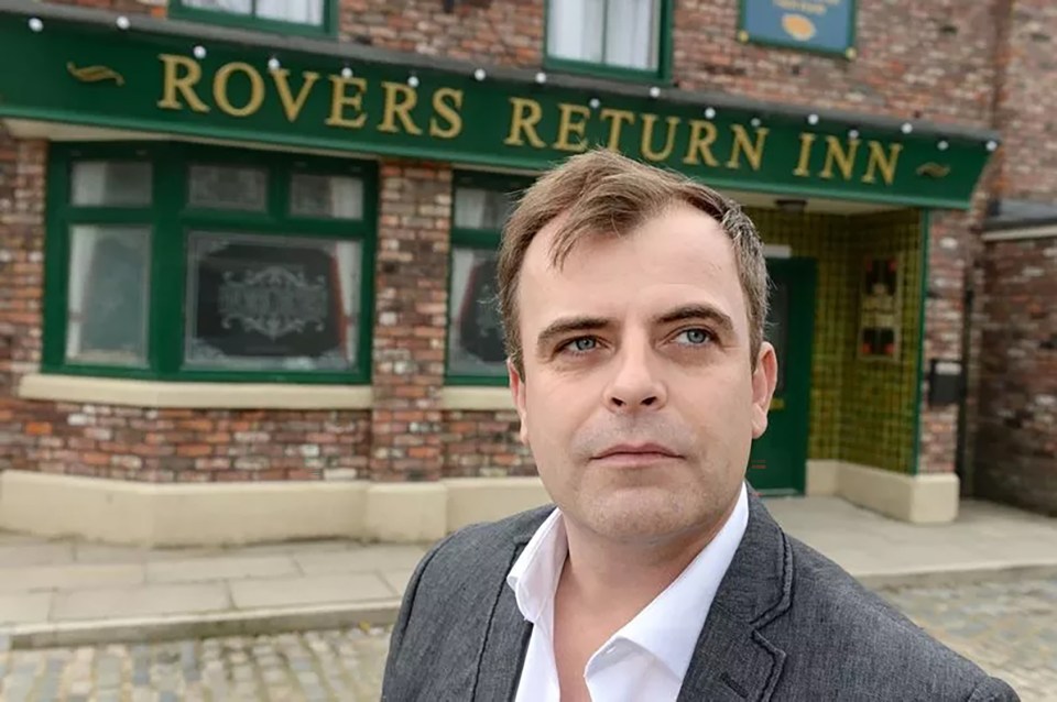 Simon Gregson, Coronation Street actor, in front of the Rovers Return Inn.