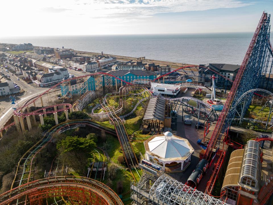 Aerial view of Blackpool Pleasure Beach during the closed season, showing rollercoasters and other rides.