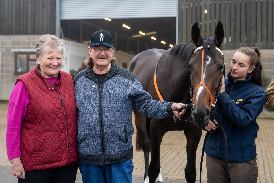 An older couple and a young woman stand with a brown horse.