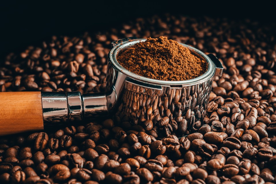 Espresso portafilter filled with ground coffee beans.