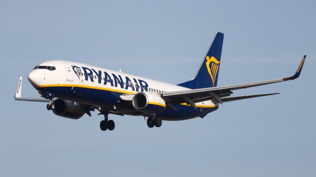 Ryanair Boeing 737 airplane in flight.