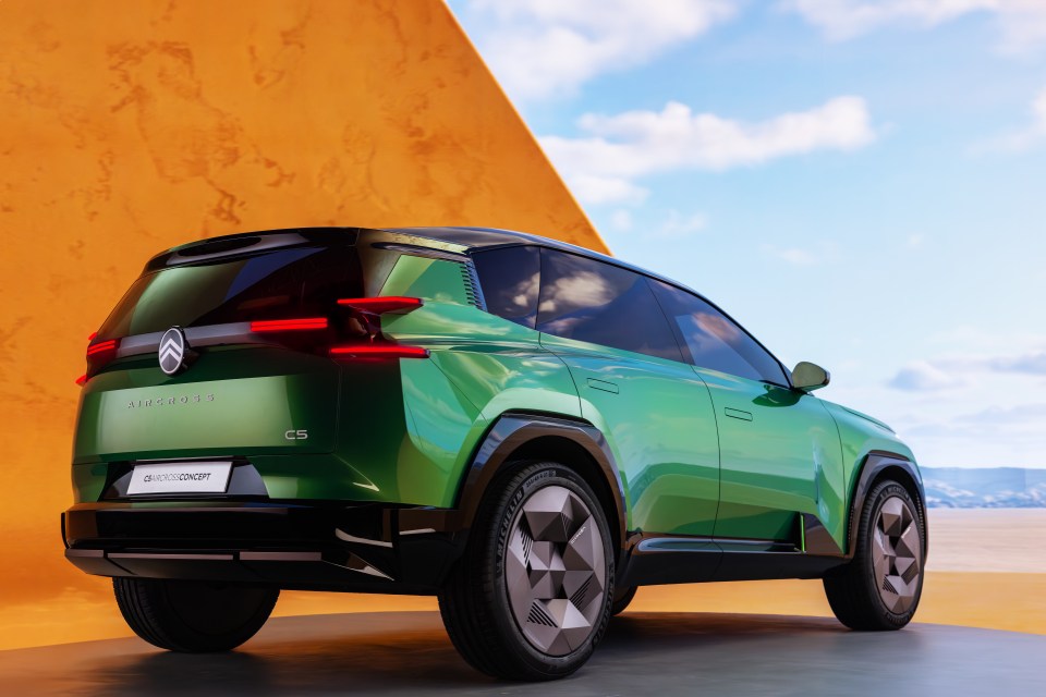 Rear view of a green C5 Aircross Concept electric SUV.