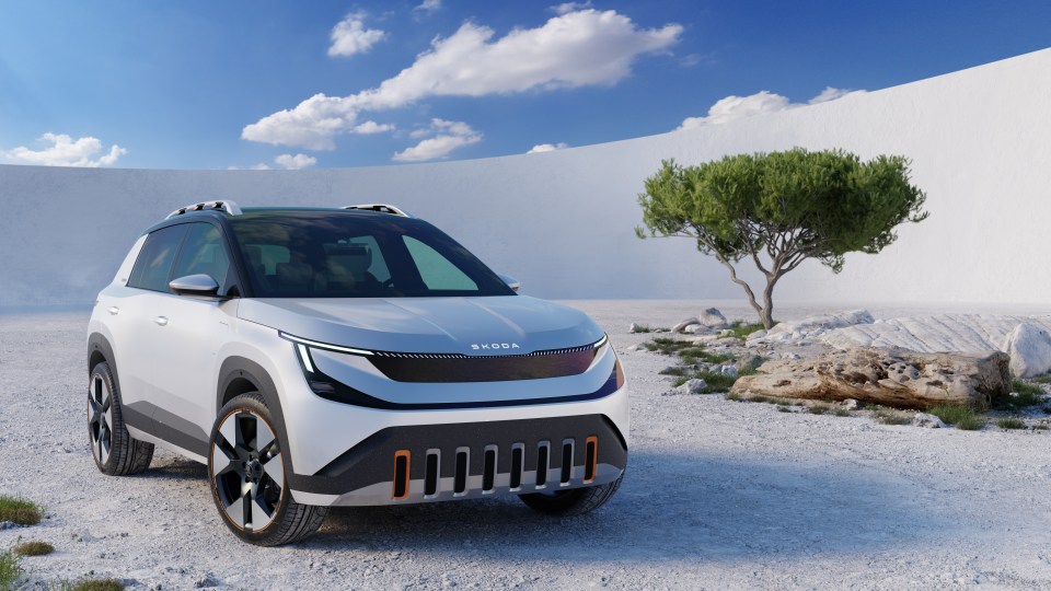 White Skoda SUV parked in a desert landscape.