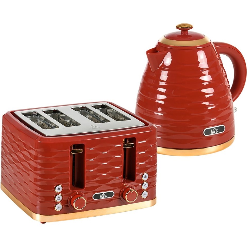 Red four-slice toaster and kettle.