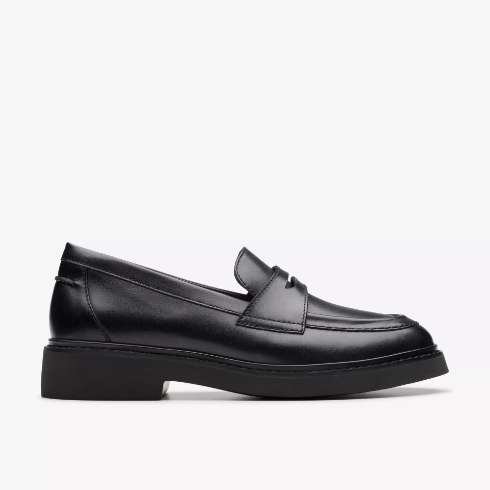 Black leather loafer with a chunky sole.