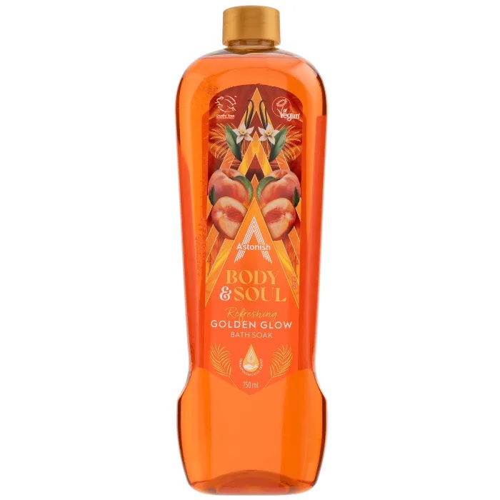 Astonish Body & Soul Refreshing Golden Glow bath soak, 750ml bottle.