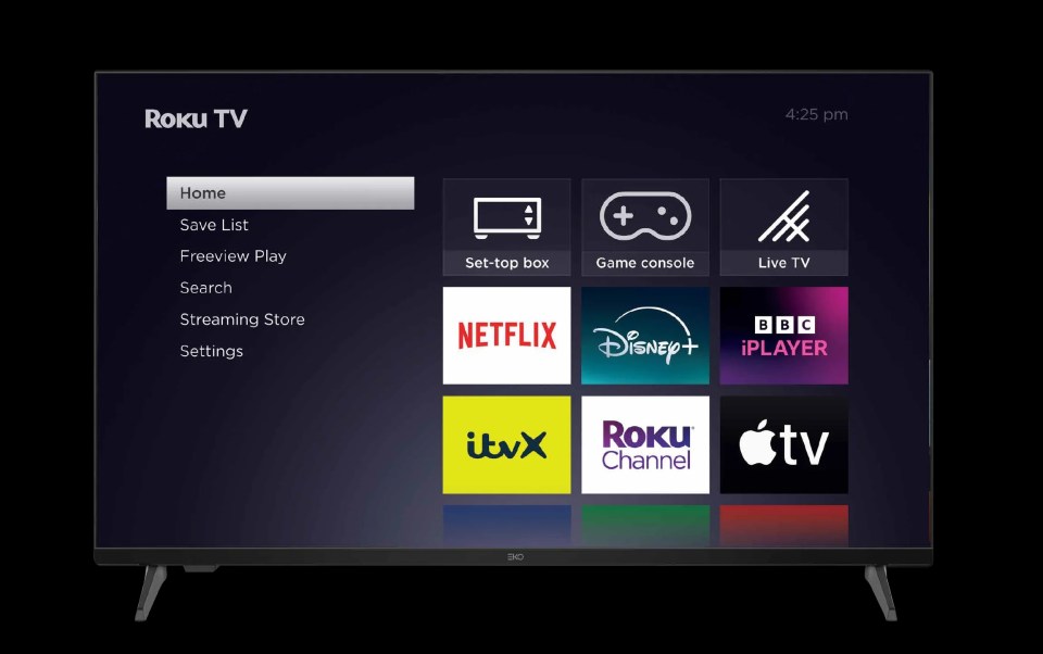 Roku TV home screen showing various apps and settings.