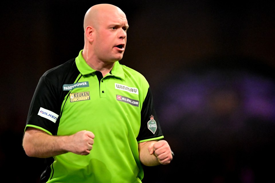 Michael van Gerwen celebrating at the 2024 World Darts Championship semi-final.