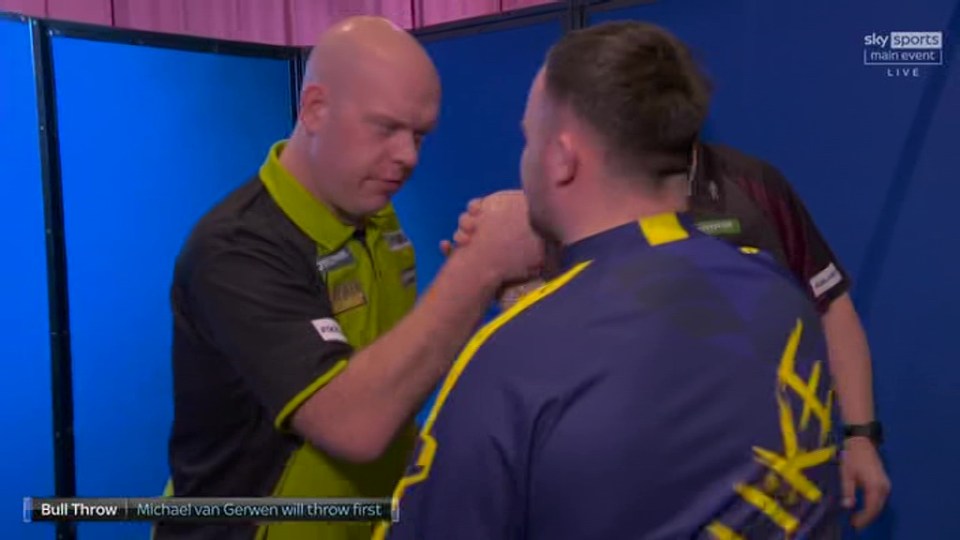 Two darts players deciding who throws first.