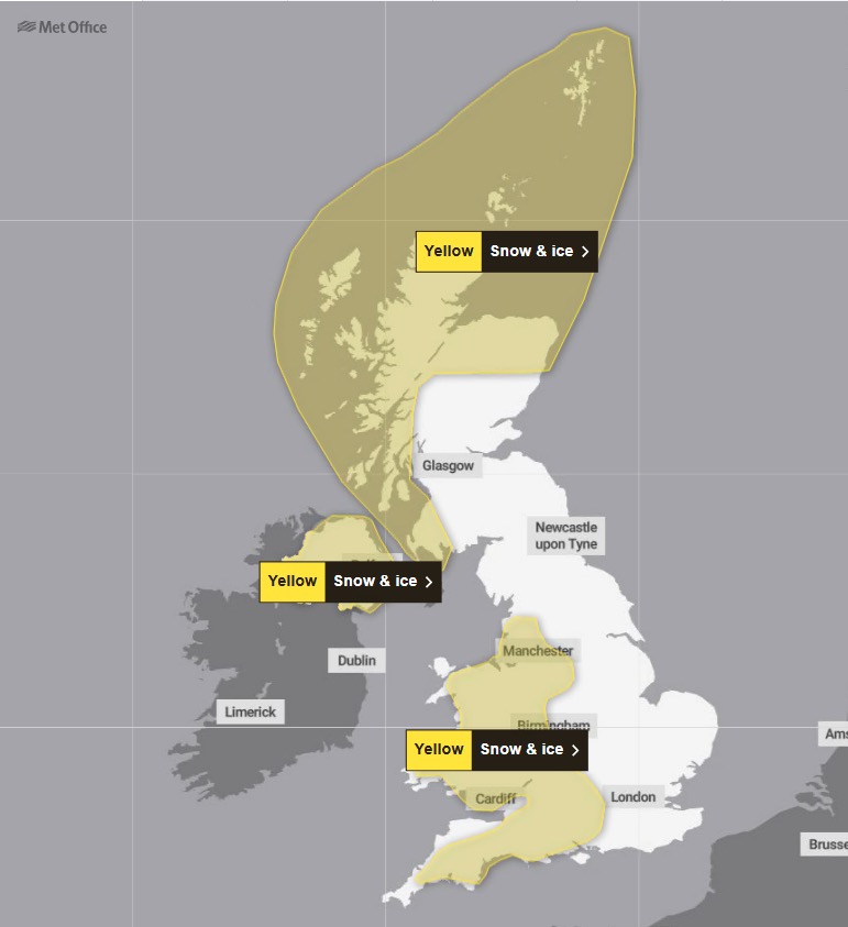 A yellow snow and ice warning is in place until 10am on Tuesday