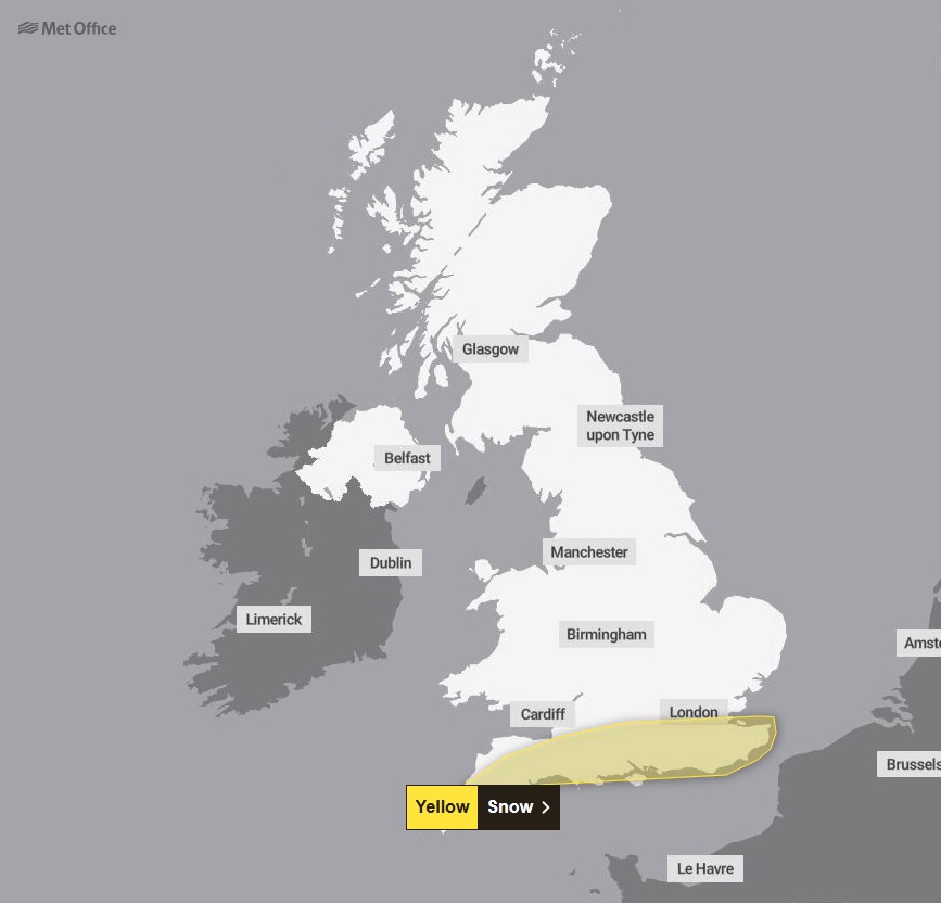 A yellow warning for snow covering parts of southern England on Wednesday