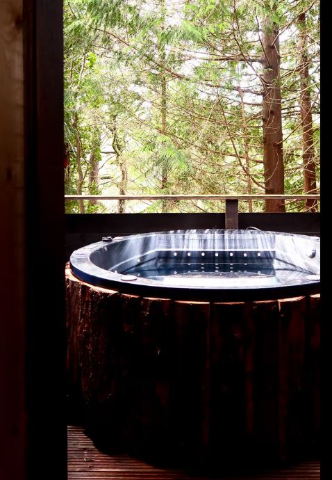 Hot tub on a deck overlooking a forest.