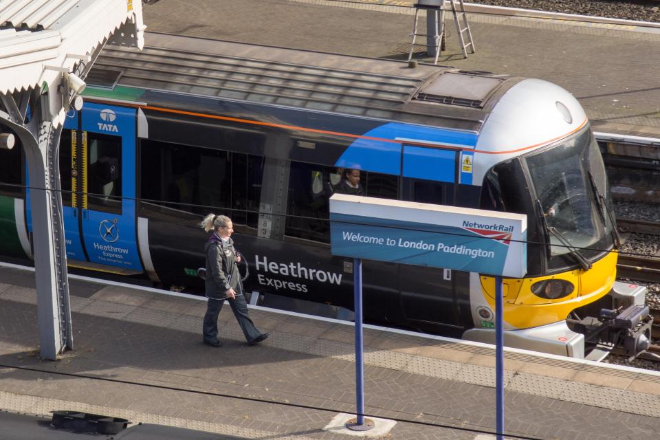 Heathrow Express train at London Paddington Station.