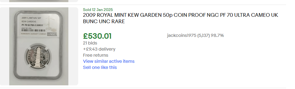 2009 Kew Gardens 50p coin sold for £530.01.