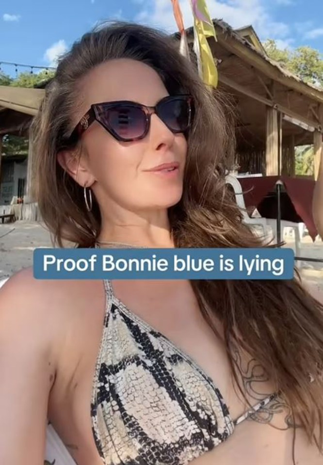 Woman in sunglasses and snakeskin bikini top claims Bonnie Blue is lying.