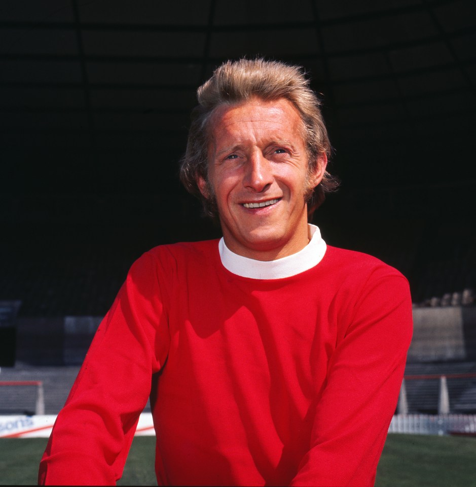 Denis Law in a Manchester United jersey.