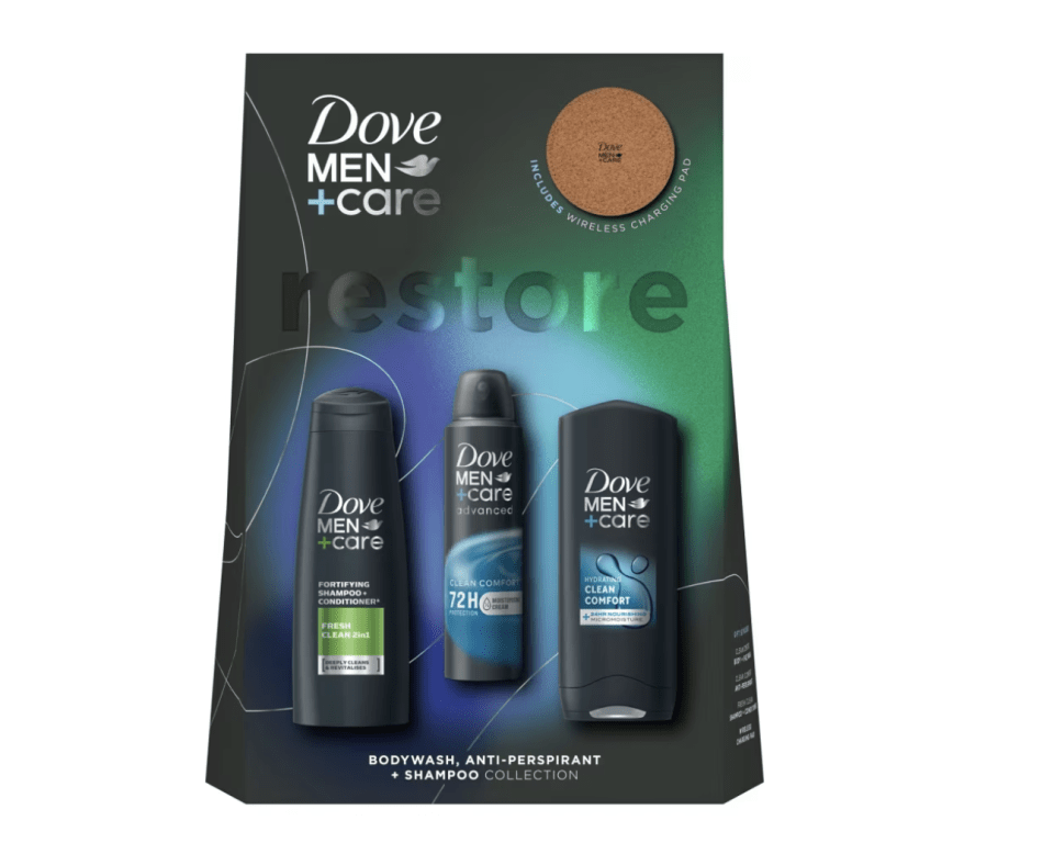 Dove Men+Care Restore gift set with body wash, anti-perspirant, and shampoo, plus a wireless charging pad.