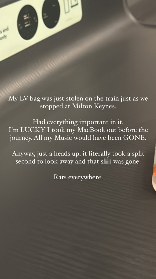 Photo of text describing a stolen bag on a train.