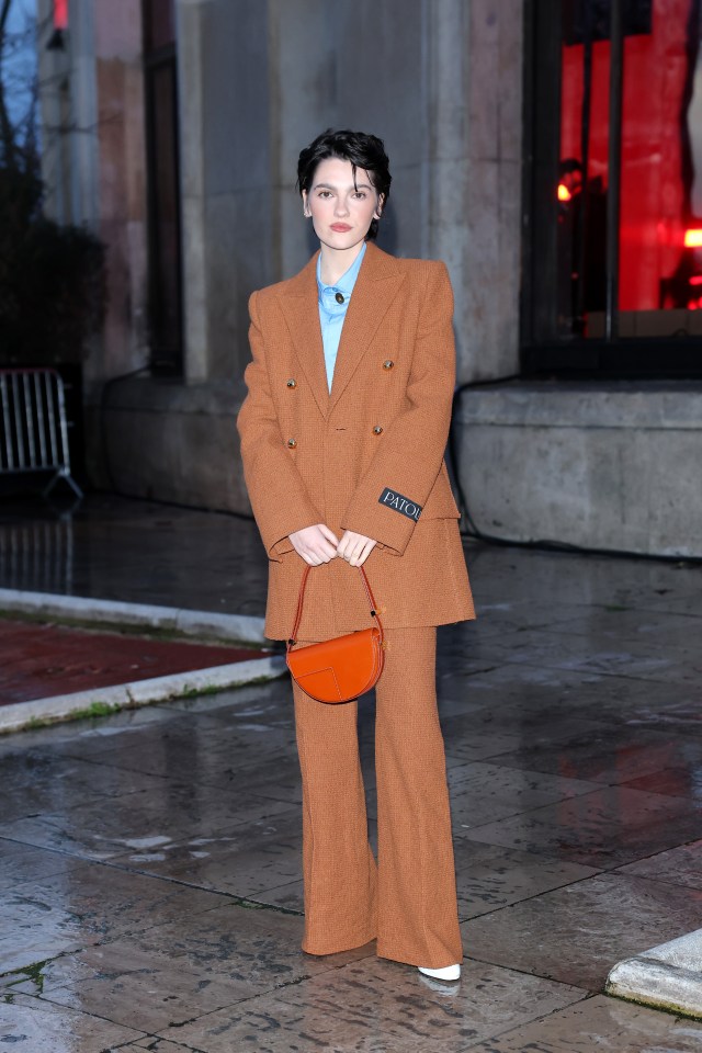 Emily Carey at the Patou Menswear Fall-Winter show during Paris Fashion Week.