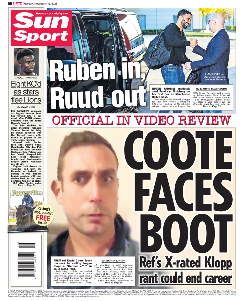 Newspaper clipping showing a photo of David Coote and headlines about Ruben Amorim and Jurgen Klopp.