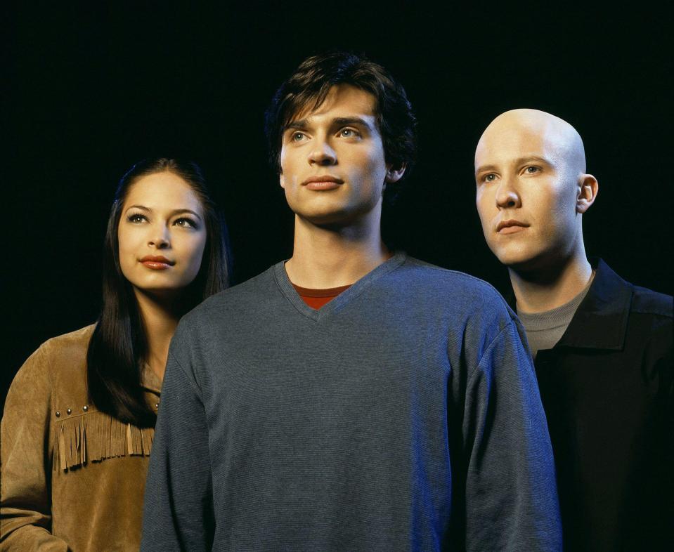 Smallville cast photo: Tom Welling, Kristin Kreuk, and Michael Rosenbaum.