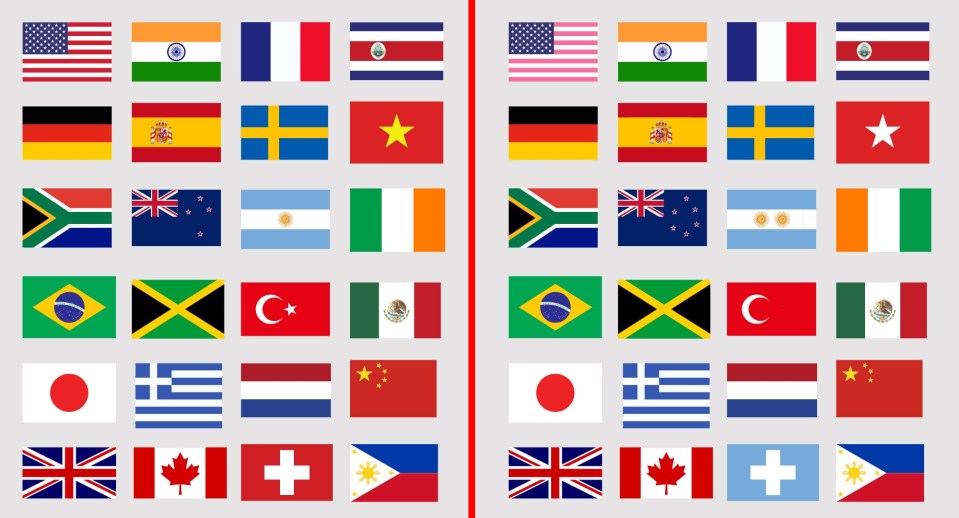 Illustration of two sets of national flags, one with subtle errors.