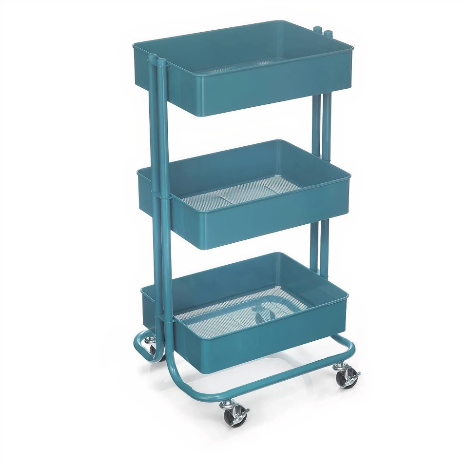 Teal three-tiered rolling cart.