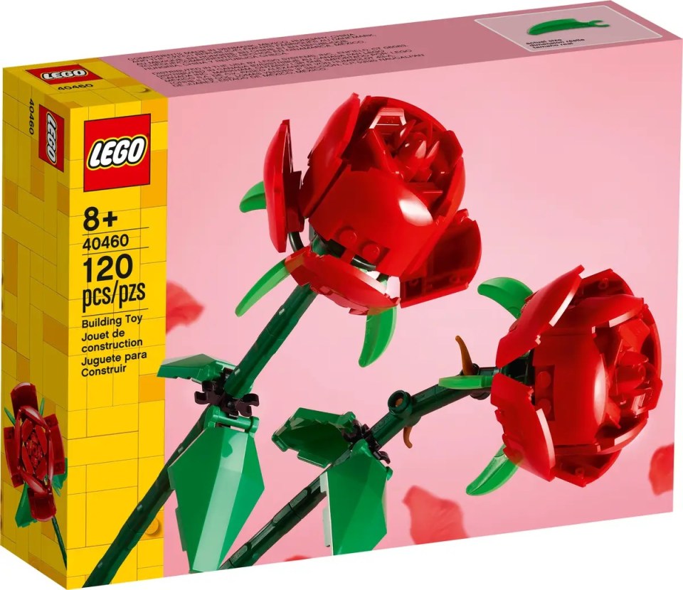 LEGO box showing two red roses built with LEGO bricks.