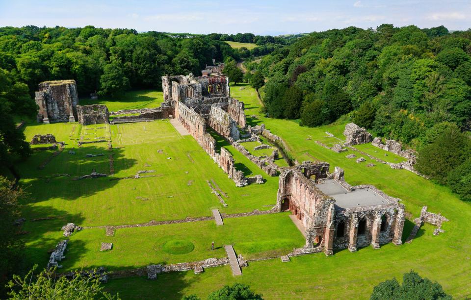 Aerial view of Furness Abbey ruins.