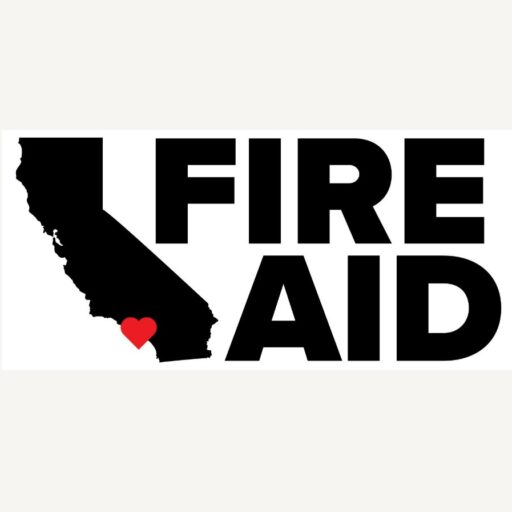 Illustration of California outline with a heart and the words "FIRE AID".