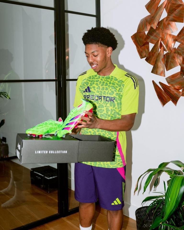 Person holding a limited edition pair of Adidas Predator soccer cleats.