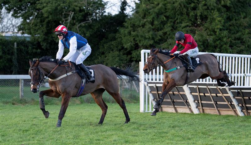 Two jockeys racing horses over a hurdle.