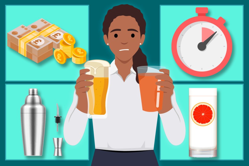 Illustration of a woman choosing between beer and juice, with icons representing cost and time.