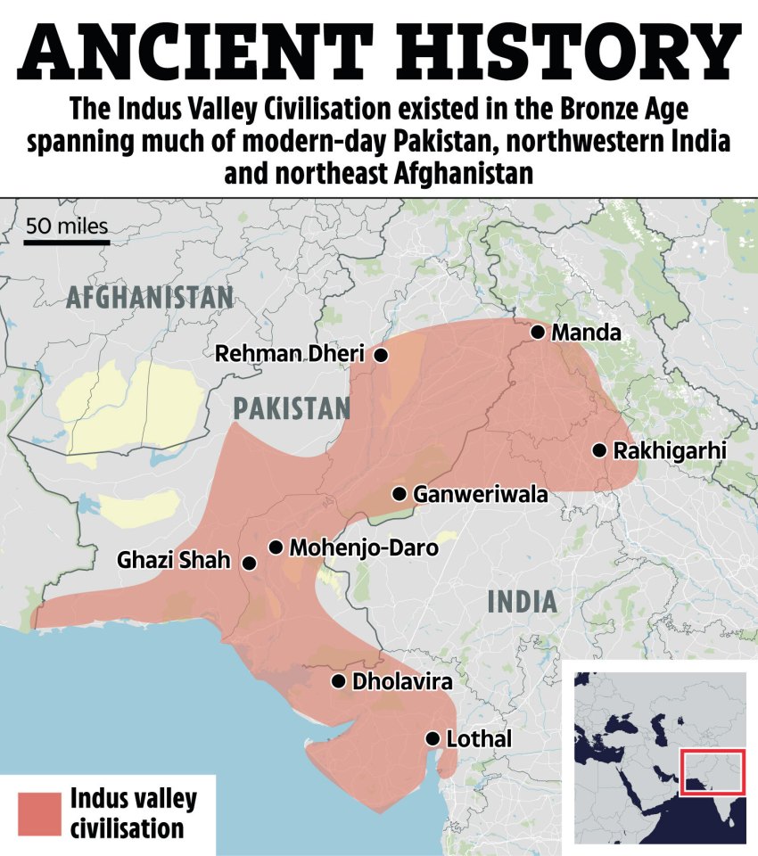 Map of the Indus Valley Civilization in Bronze Age Pakistan, northwestern India, and northeastern Afghanistan.