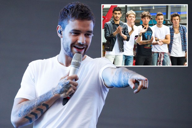 Liam Payne singing, with inset image of One Direction.