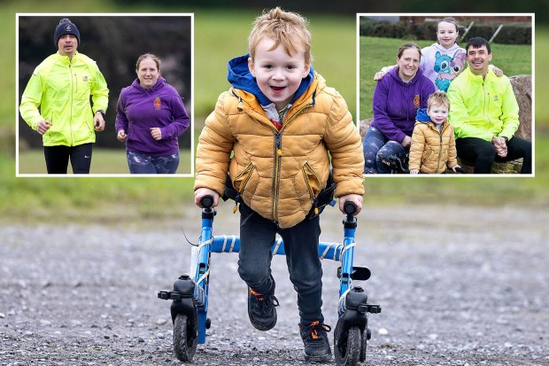 Boy with a walker, inset photos of his family.