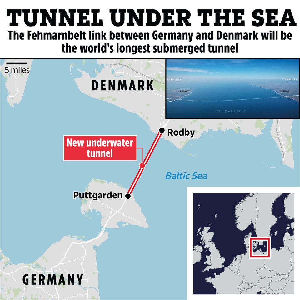 Map of the Fehmarnbelt tunnel between Germany and Denmark.