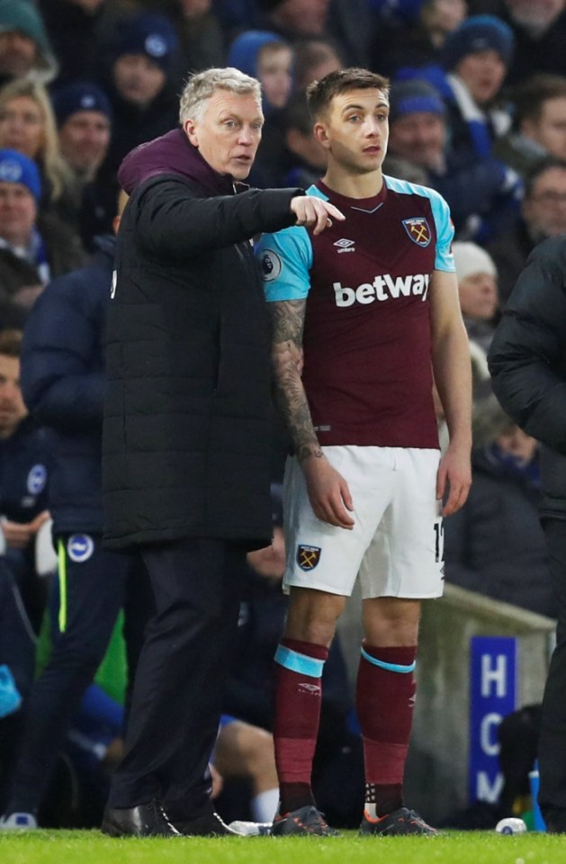 Soccer Football - Premier League - Brighton & Hove Albion vs West Ham United - The American Express Community Stadium, Brighton, Britain - February 3, 2018 West Ham United manager David Moyes gives instructions to substitute Jordan Hugill Action Images via Reuters/Matthew Childs EDITORIAL USE ONLY. No use with unauthorized audio, video, data, fixture lists, club/league logos or "live" services. Online in-match use limited to 75 images, no video emulation. No use in betting, games or single club/league/player publications. Please contact your account representative for further details.