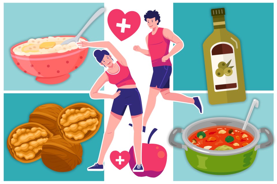 Illustration of foods and people exercising, promoting healthy living.