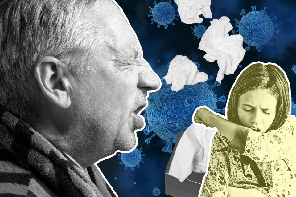 Collage of a man and a girl coughing, with illustrations of coronaviruses and tissues.